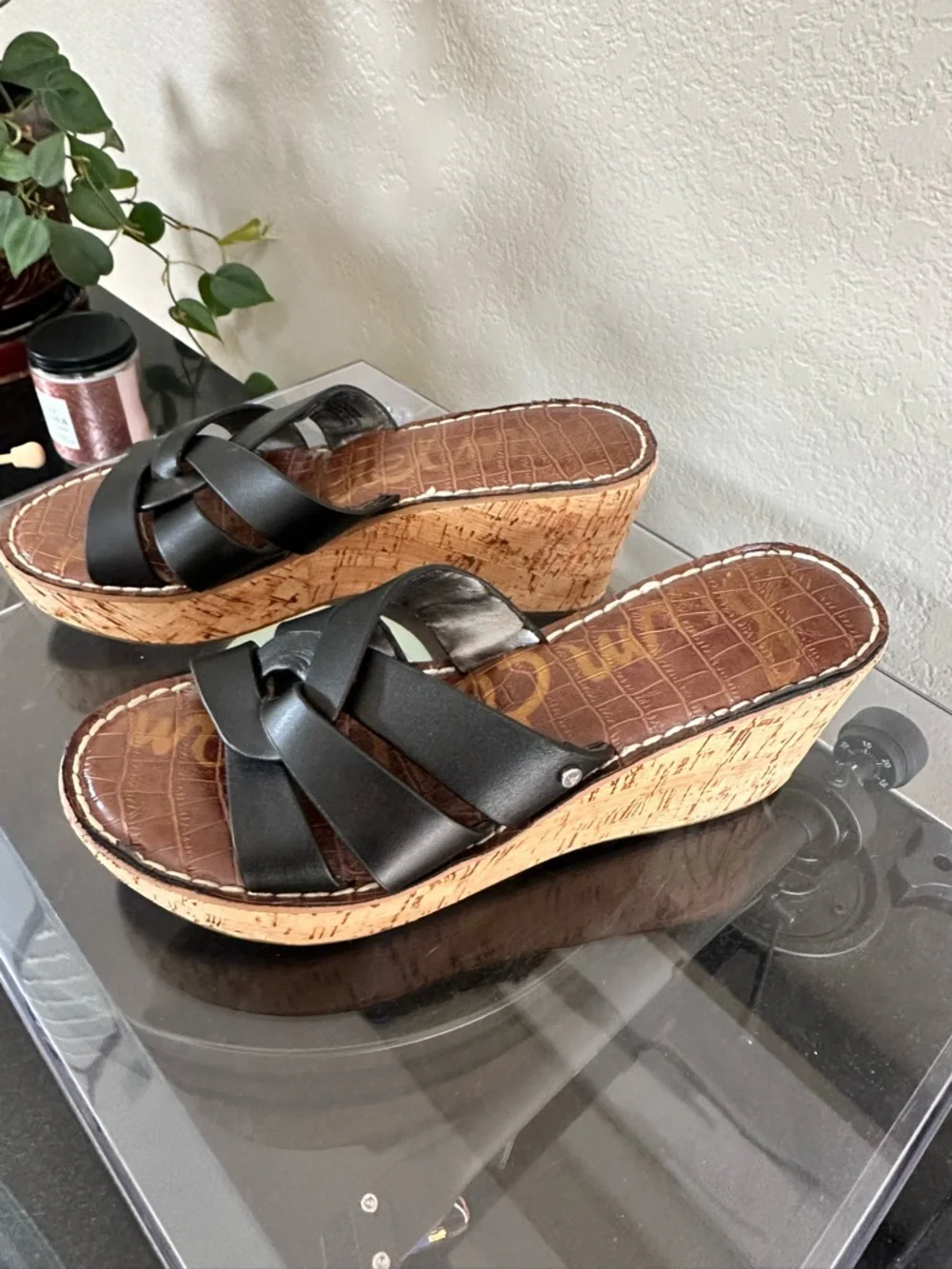 Sam Edelman Black Leather Cork Wedge Sandals